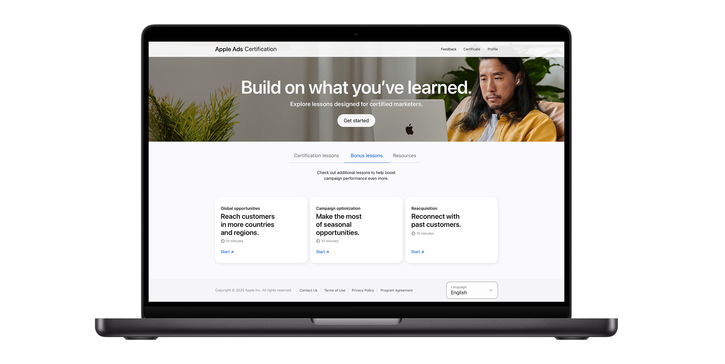 The Apple Ads Certification lessons page showing the bonus lessons tab. It shows three lessons to help boost campaign performance.